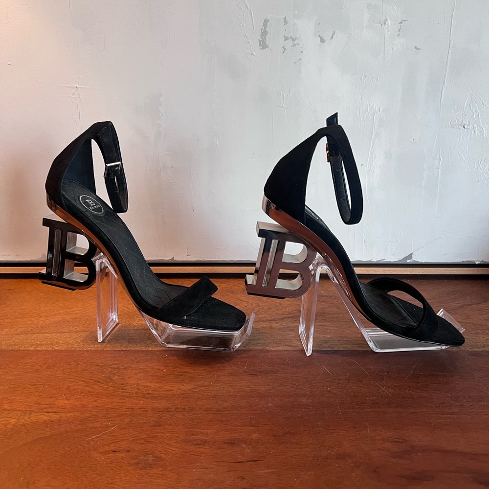 Balmain Black Heels with Chrome logo heels